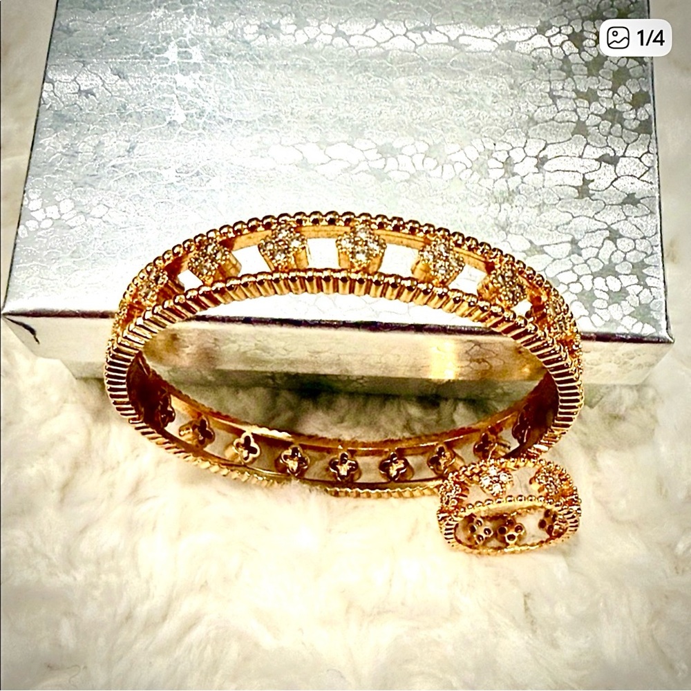 Gold Crystal Accent Women's Bangle Bracelet and Ring Set